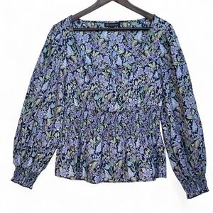 INC International Concepts Womens Floral Smocked Peplum Blouse Purple Blue L